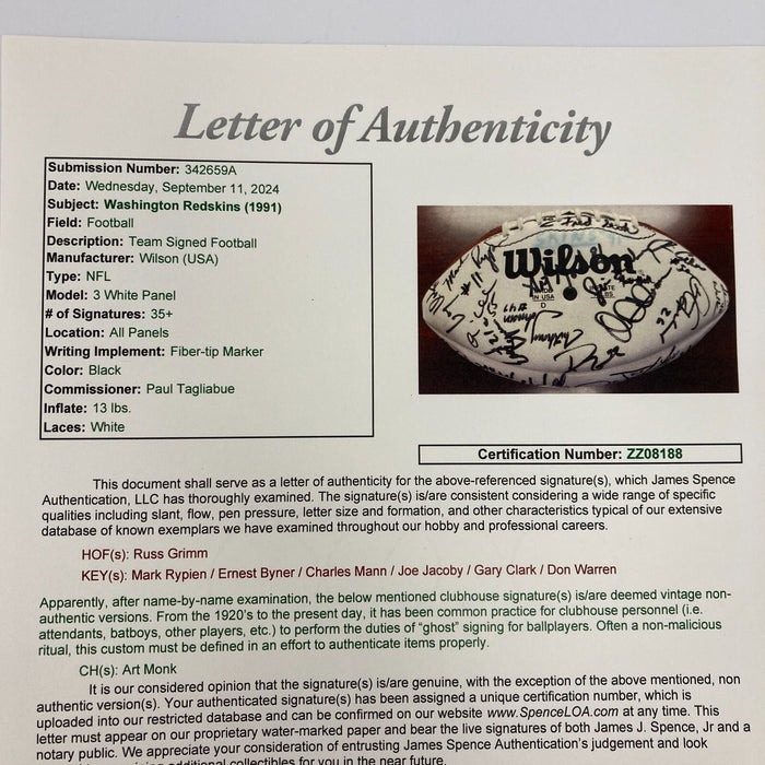 1991 Washington Redskins Super Bowl Champs Team Signed Football JSA COA