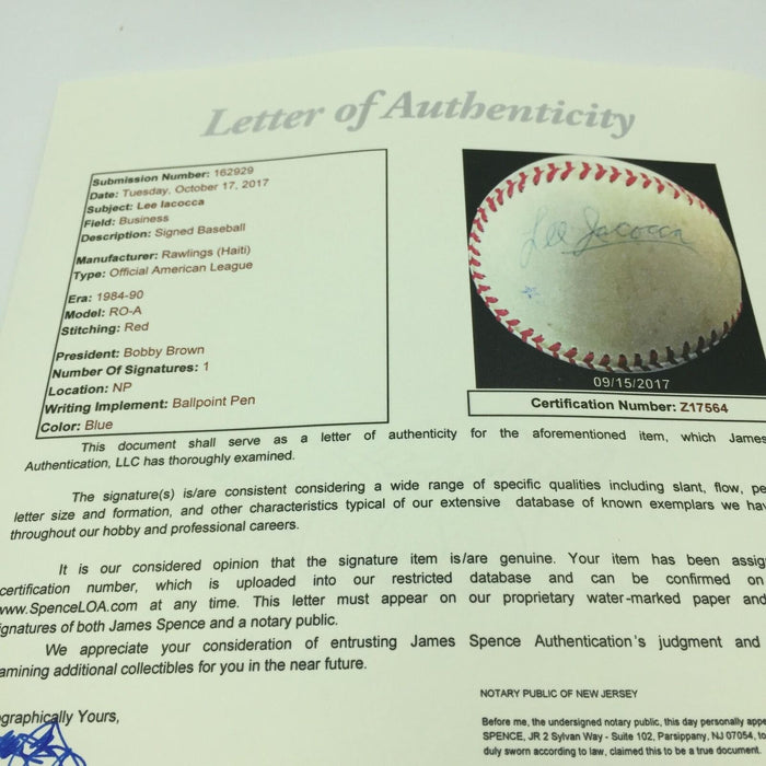 Rare Lee Iacocca Single Signed Autographed American League Baseball JSA COA