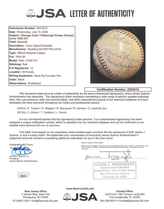 Honus Wagner & Pie Traynor 1935 Pittsburgh Pirates Team Signed Baseball JSA COA