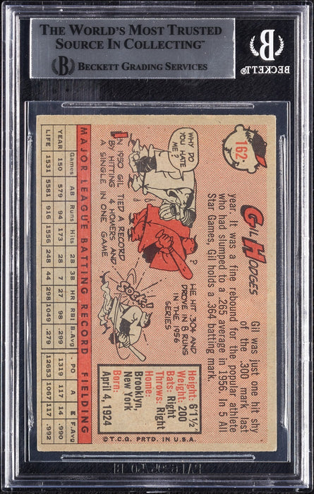 1958 Topps Gil Hodges Signed Baseball Card #162 BGS Beckett Certified