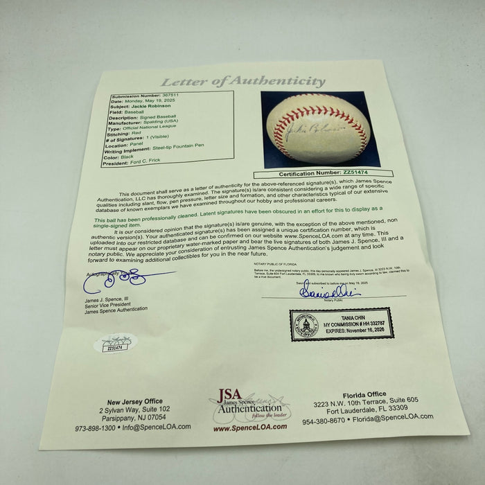 Jackie Robinson Rookie Signed 1940's National League Frick Baseball JSA COA