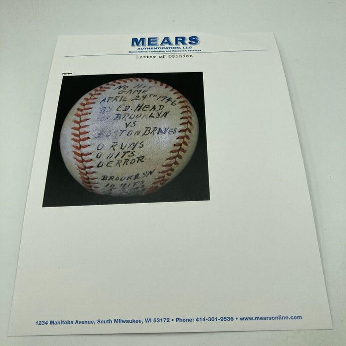 Ed Head No Hitter Game Used Baseball April 23, 1946 Brooklyn Dodgers MEARS COA