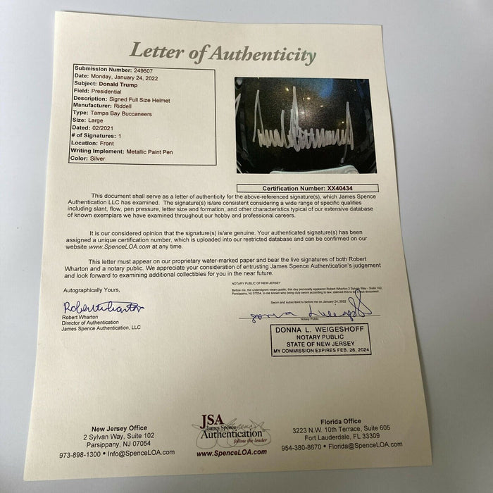 President Donald Trump Full Name Signed Buccaneers Super Bowl Helmet Mint JSA