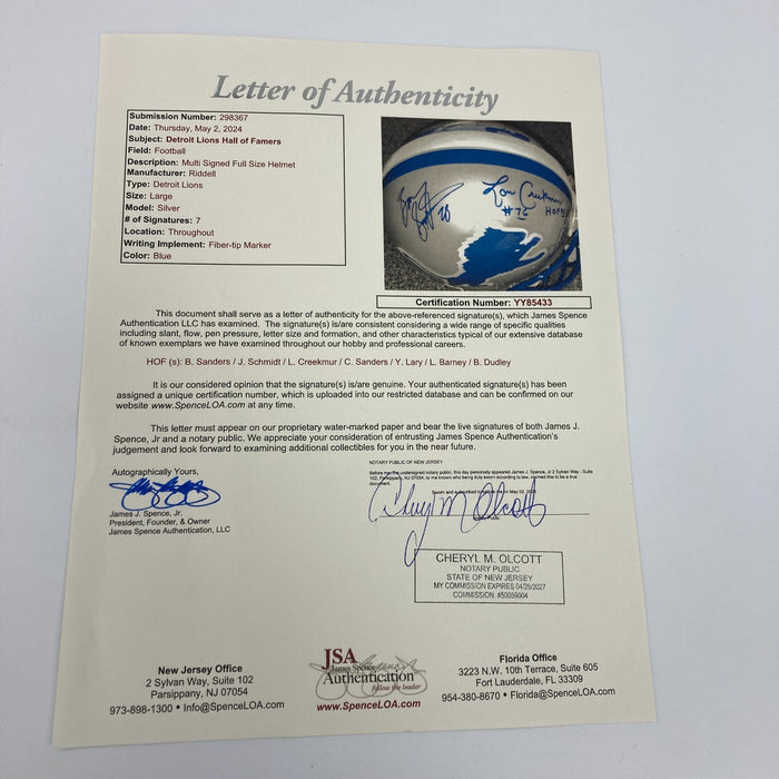 Barry Sanders Detroit Lions Hall Of Fame Legends Multi Signed Helmet JSA COA