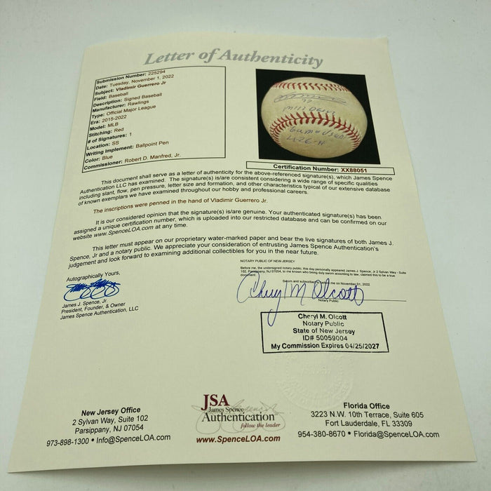 Vladimir Guerrero Jr. MLB Debut Game Used Signed Inscribed Baseball JSA COA