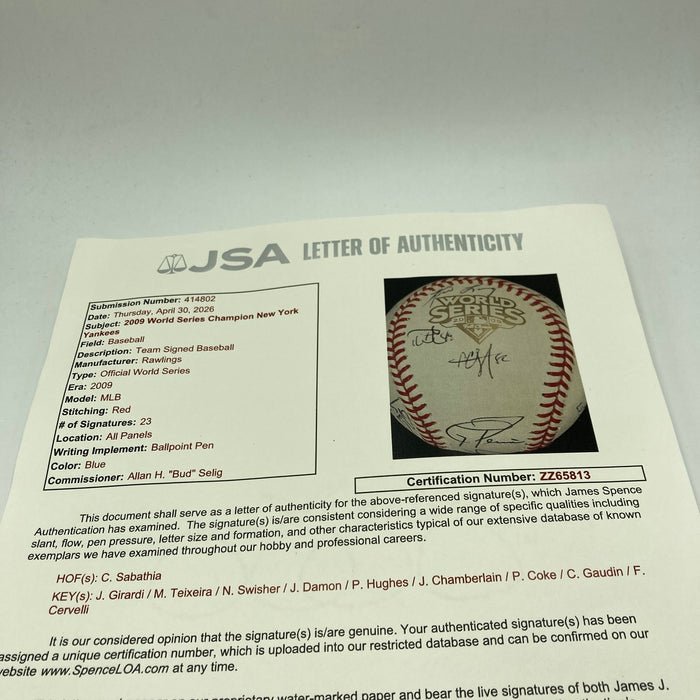 2009 New York Yankees World Series Champs Team Signed W.S. Baseball JSA COA