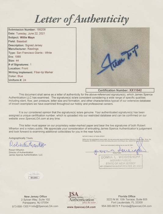 Willie Mays Signed San Francisco Giants 1989 Game Model Jersey