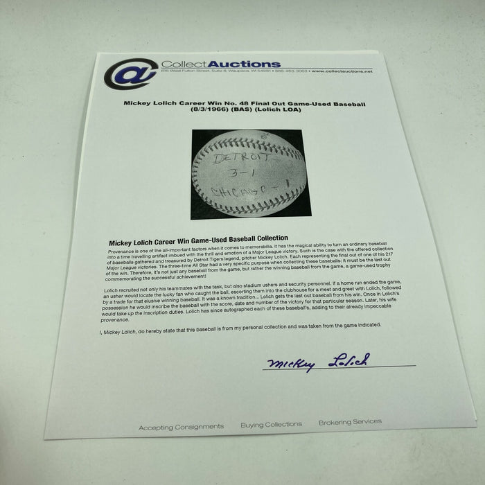 Mickey Lolich Signed Career Win No. 48 Final Out Game Used Baseball Beckett COA