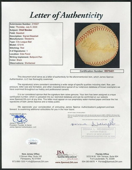 Rare Chief Bender Single Signed Autographed Baseball With JSA COA