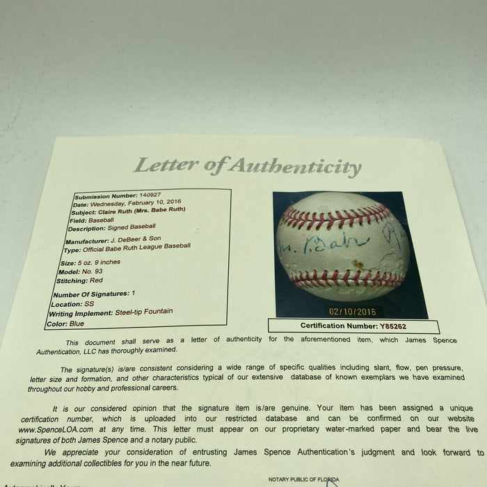 Mrs. Babe Ruth Single Signed 1950's Babe Ruth League Baseball JSA COA