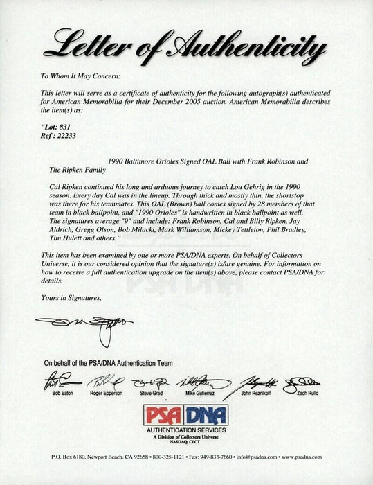 1990 Baltimore Orioles Team Signed Baseball Cal Ripken Jr Frank Robinson PSA JSA