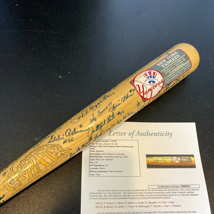 Beautiful New York Yankees HOF Legends Signed Baseball Bat With 50 Sigs! JSA COA