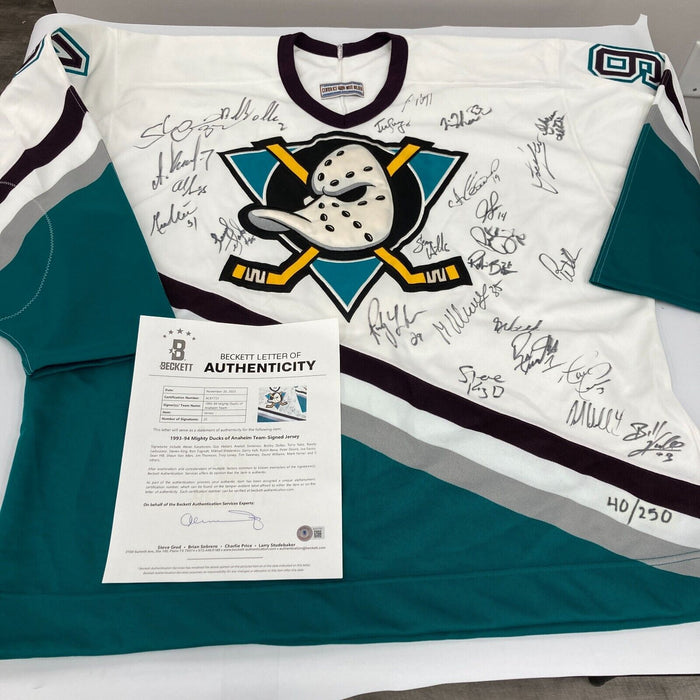 1993-94 Anaheim Mighty Ducks Inaugural Team Signed Jersey 25 Sigs Beckett COA