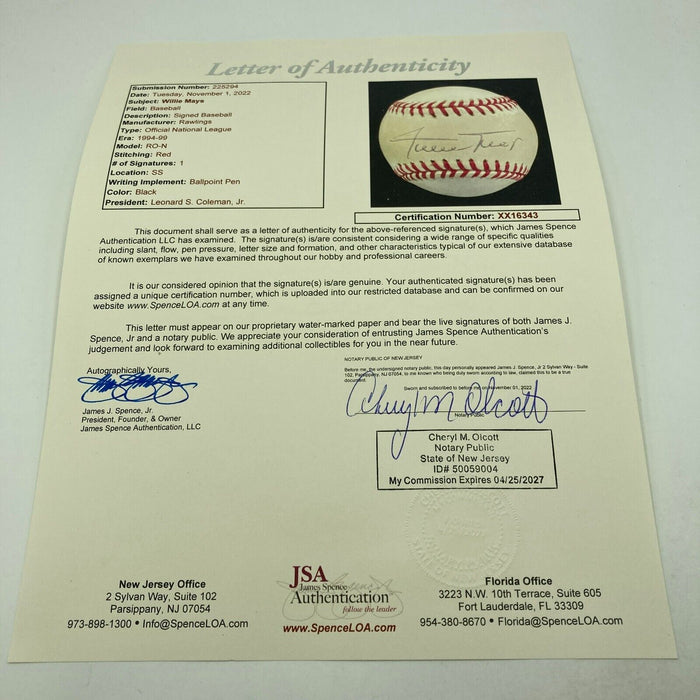 Willie Mays Signed Official National League Baseball JSA COA