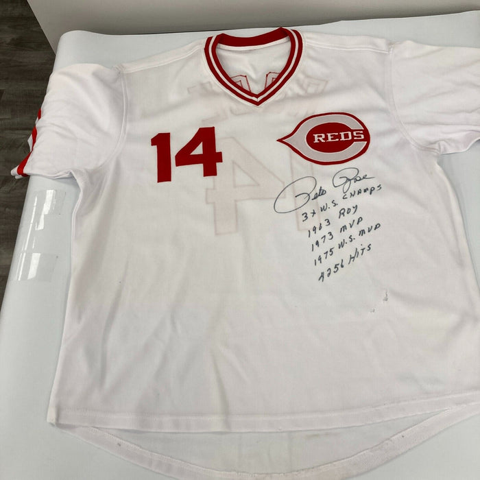 Pete Rose Signed Heavily Inscribed STATS Cincinnati Reds Jersey JSA COA