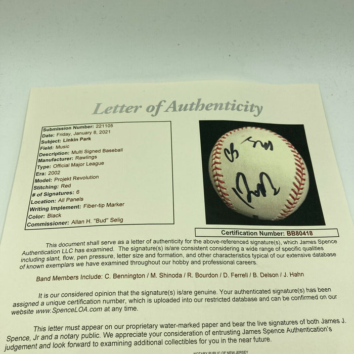 Linkin Park Band Signed Baseball 6 Signatures With Chester Bennington JSA COA