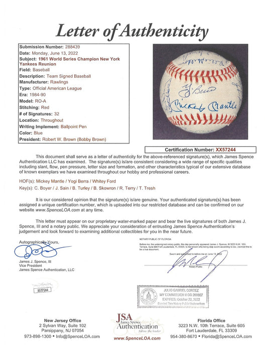 1961 New York Yankees World Series Champs Team Signed Baseball Mickey Mantle JSA