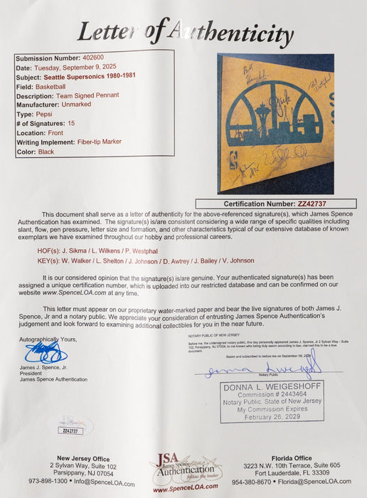 1980-1981 Seattle Supersonics Team-Signed Vintage Pennant 15 Sigs JSA COA