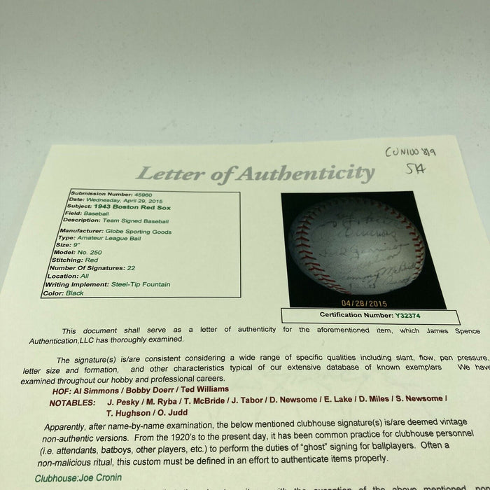 Nice 1943 Boston Red Sox Team Signed Baseball Ted Williams Al Simmons JSA COA