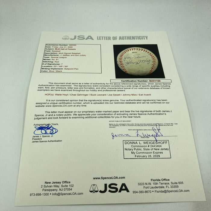 Earl Averill Burleigh Grimes Waite Hoyt Hall Of Fame Multi Signed Baseball JSA