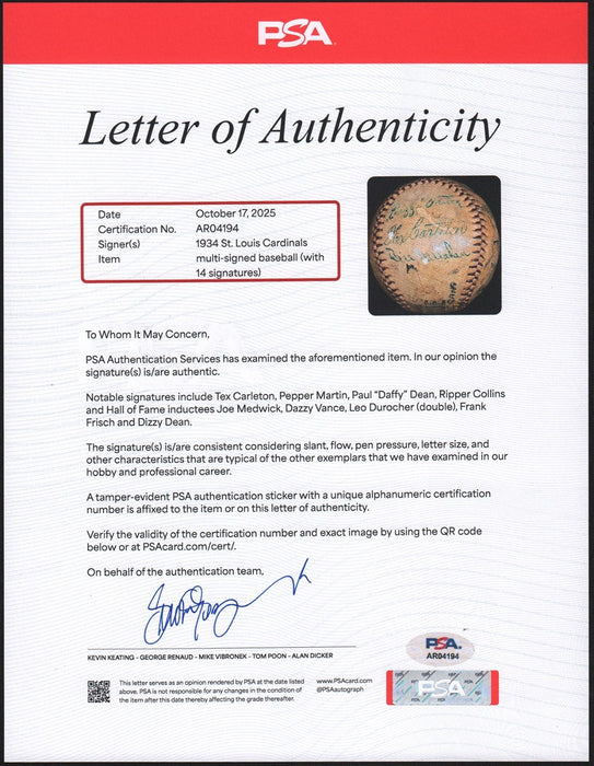 1934 St. Louis Cardinals World Series Champs Team Signed Baseball PSA DNA COA
