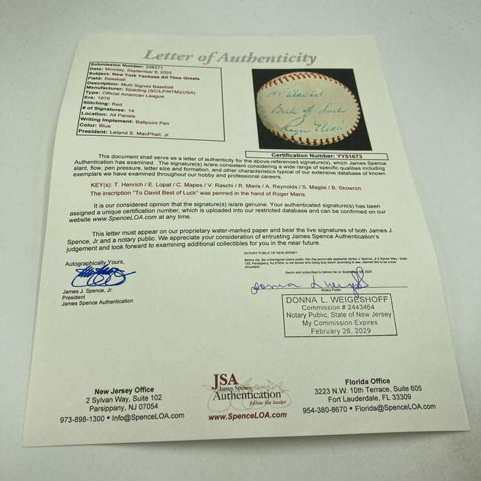Roger Maris "To David"  Signed Official American League Baseball JSA COA