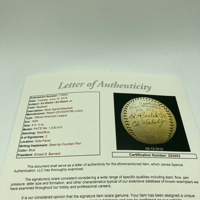 Beautiful Ed Walsh Signed 1928 American League Baseball With JSA COA