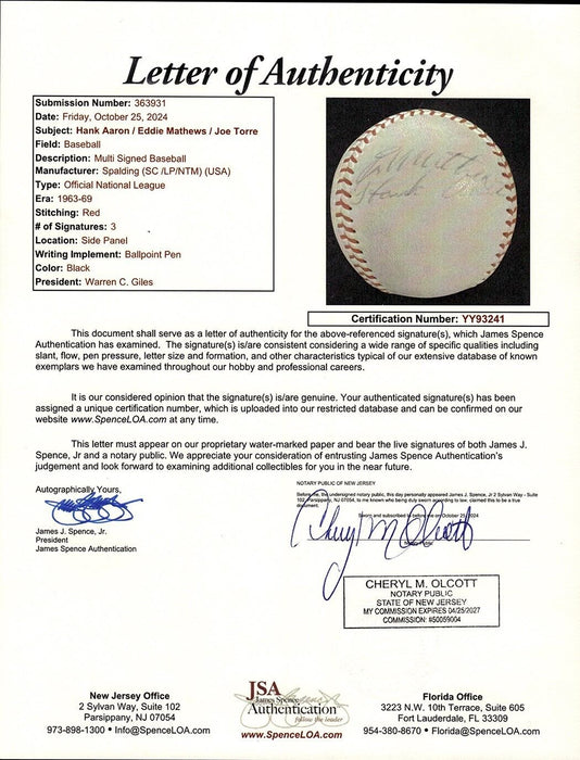 Hank Aaron & Eddie Mathews Signed 1960's National League Giles Baseball JSA COA