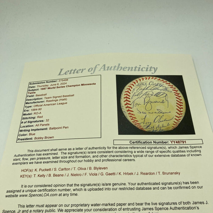 1987 Minnesota Twins World Series Champs Team Signed Baseball JSA COA