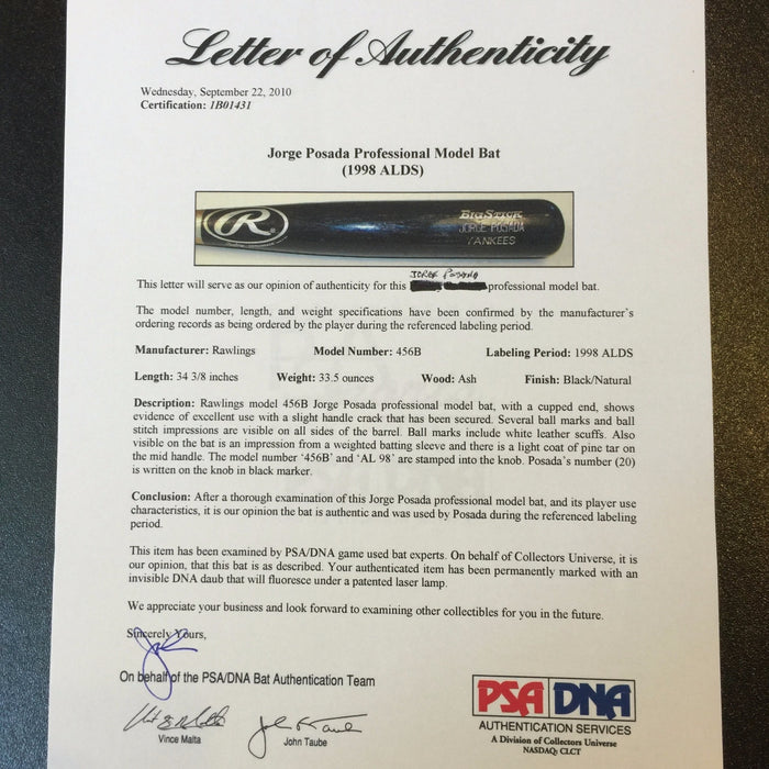 Rare 1998 Jorge Posada ALDS Playoffs Game Used Rawlings Baseball Bat PSA DNA COA
