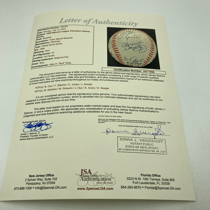 1996 Atlanta Braves NL Champs Team Signed Official World Series Baseball JSA COA