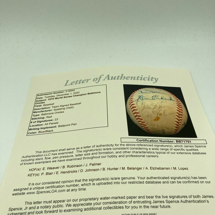 1970 Baltimore Orioles World Series Champs Team Signed Baseball With JSA COA