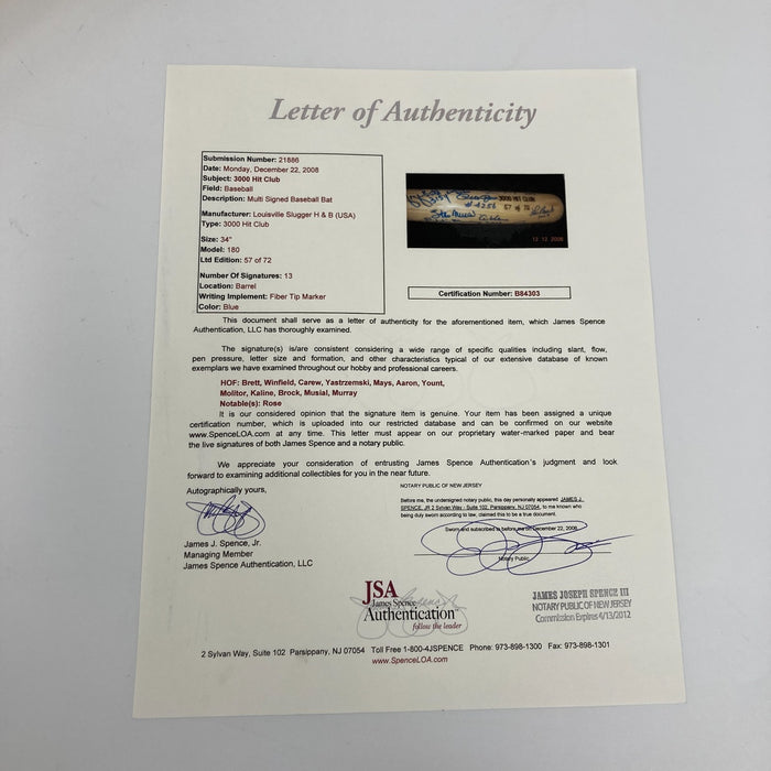 Beautiful 3,000 Hit Club Multi Signed Baseball Bat With Hit Totals JSA COA