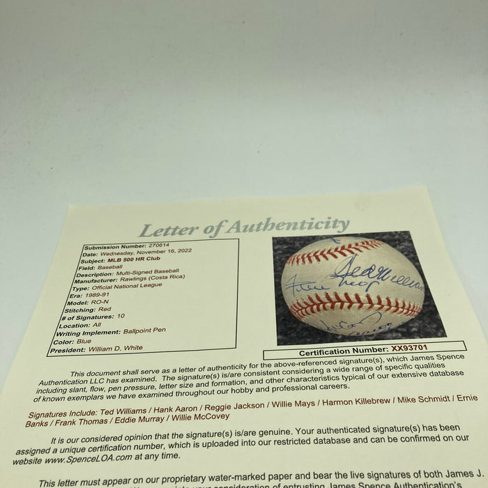 Ted Williams Willie Mays Hank Aaron 500 Home Run Signed Baseball JSA COA