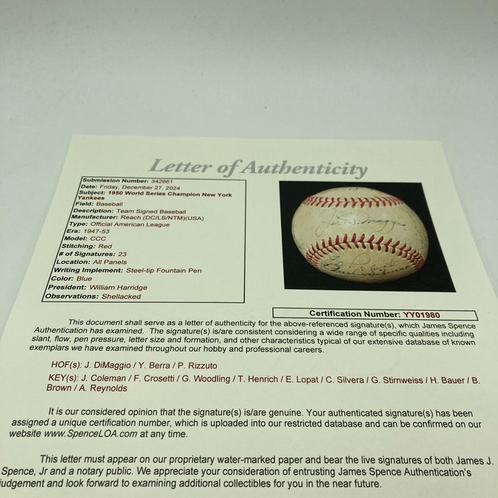 1950 New York Yankees World Series Champs Team Signed AL Baseball JSA COA