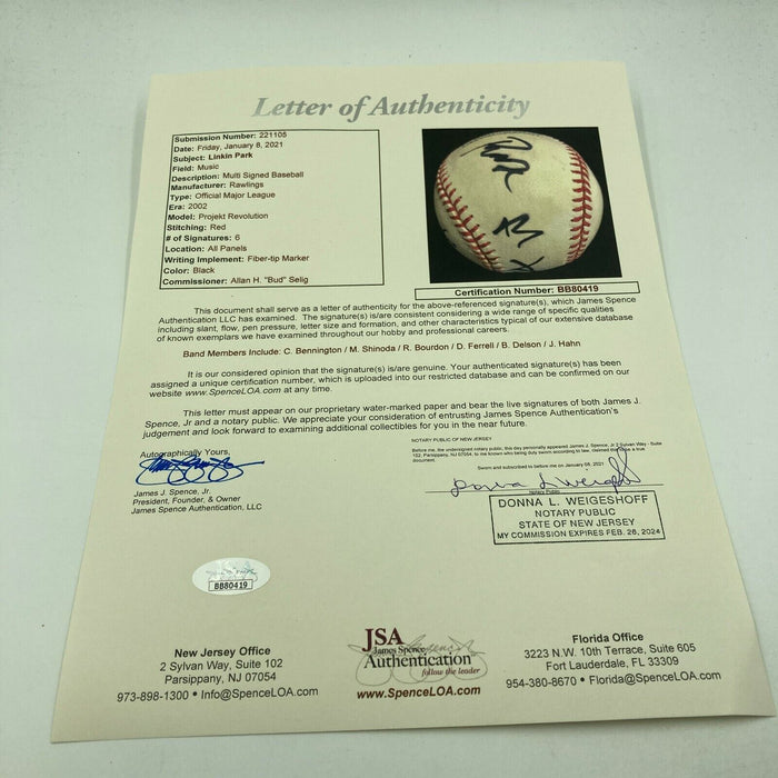 Linkin Park Band Signed Baseball 6 Signatures With Chester Bennington JSA COA
