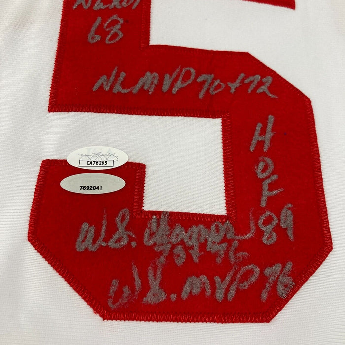 Johnny Bench Signed Inscribed Cincinnati Reds STAT Mitchell & Ness Jersey JSA