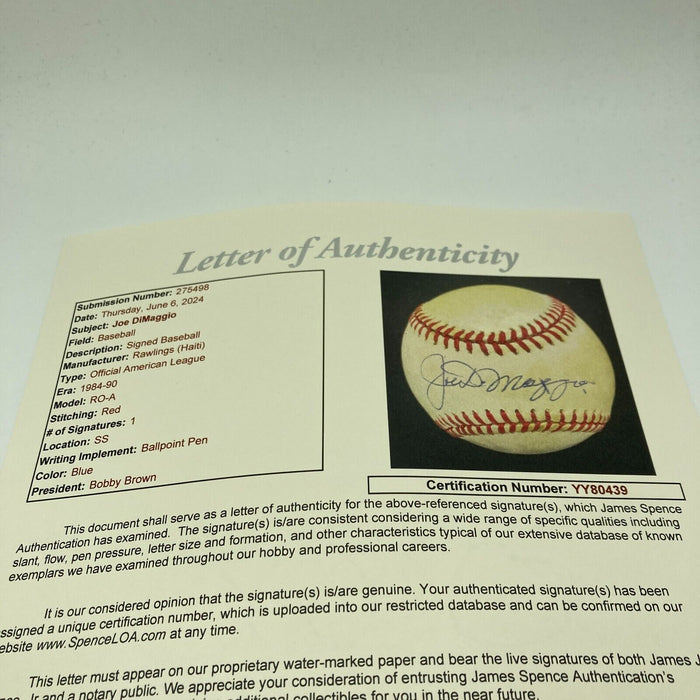 Joe Dimaggio Signed Official American League Baseball JSA COA