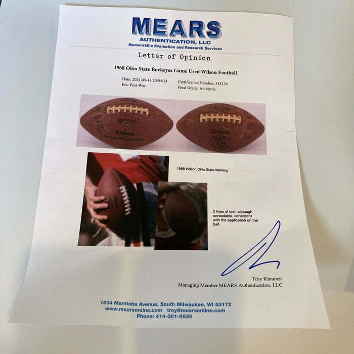 1968 Ohio State Buckeyes National Champions Game Used Football Mears COA