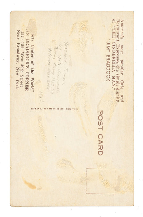 James Braddock "Cinderella Man" Signed 1930's Restaurant Postcard Photo JSA COA