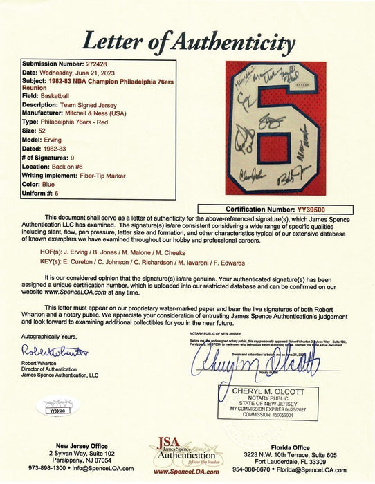 1982-83 Philadelphia 76ers NBA Champions Team Signed Jersey JSA COA