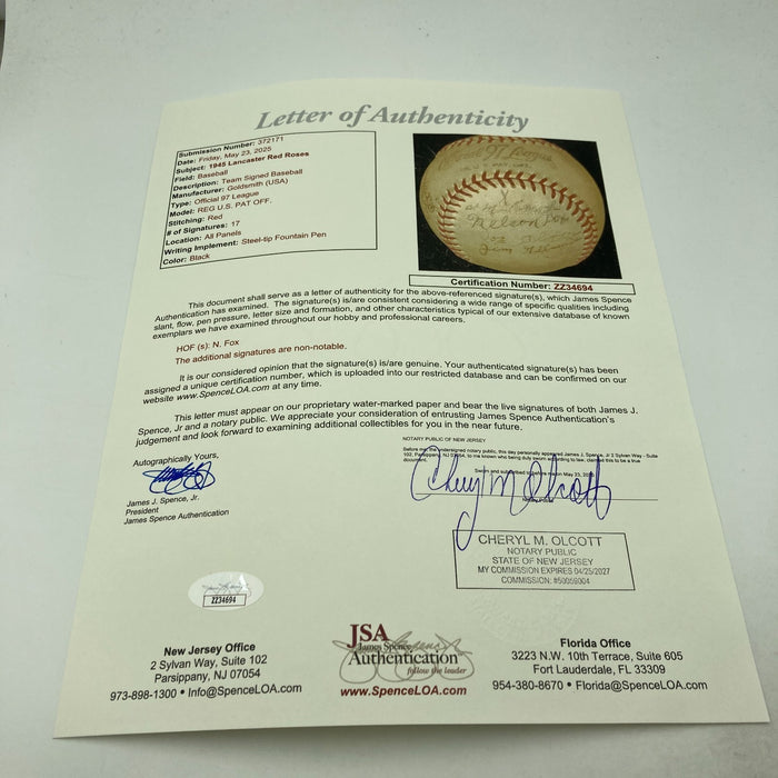 Nellie Fox Pre Rookie 1945 Lancaster Red Roses Minor League Signed Baseball JSA