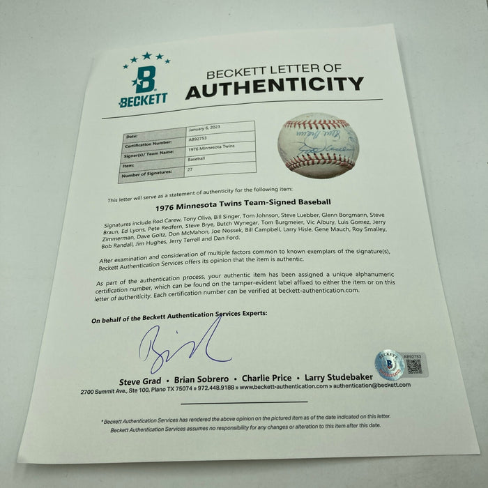 1976 Minnesota Twins Team Signed American League Baseball Beckett COA