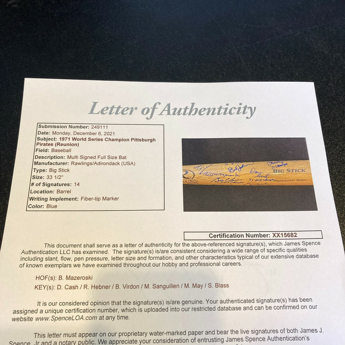 1971 Pittsburgh Pirates World Series Champs Team Signed Baseball Bat JSA COA