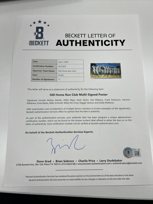 Beautiful 500 Home Run Club Signed Large Photo Mickey Mantle Ted Williams BAS