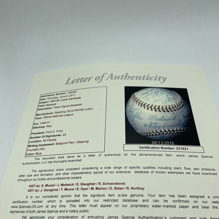 Beautiful 1947 St. Louis Cardinals Team Signed Baseball JSA COA