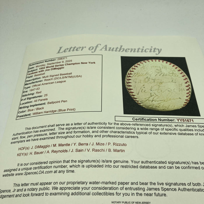 1951 Yankees World Series Champs Team Signed Baseball Mickey Mantle Rookie JSA