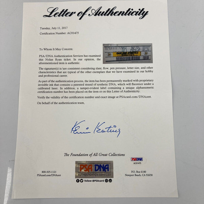 Nolan Ryan Signed Sixth No-Hitter Full Ticket PSA DNA COA