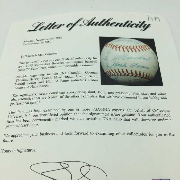 The Finest 1975 Milwaukee Brewers Team Signed AL Baseball Hank Aaron Yount PSA