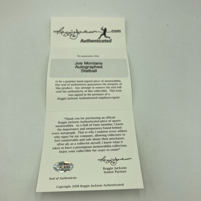 Joe Montana Signed Heavily Inscribed Career STAT Baseball Reggie Jackson COA